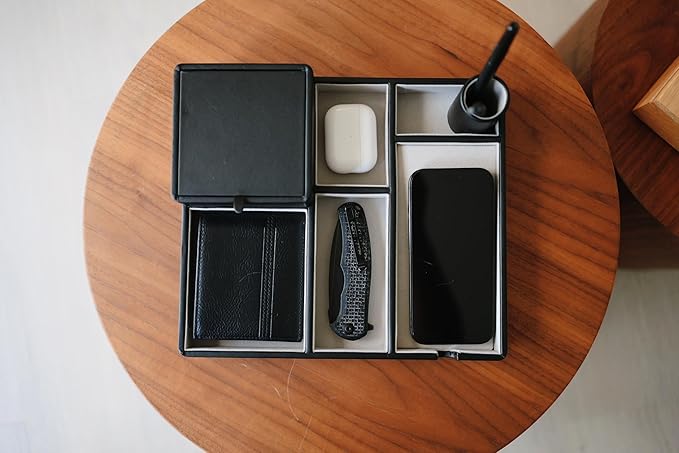Nightstand Organizer with RFID Key Box – Bedside Valet Holder Tray with Charging Slot for Smart Keys – Catch All Tray for Phone, Wallet, Watch & Jewelry – Dresser Top Organizer Gift for Men & Women