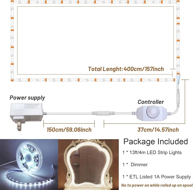 13ft/4M Led Vanity Mirror Lights Kit Bendable NO Need to Cut Vanity Make-up Mirror Cloakroom Adjustable Flexible Strip Light Table Set with Dimmer and Power Supply