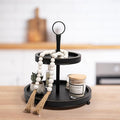 GENMOUS Black Farmhouse Tiered Tray Decor with Distressed Wood Bead Garlands, Wooden Tiered Tray Stand for Seasonal Display, Decorative 2 Tiered Serving Tray with Metal Handle for Rustic Home Décor