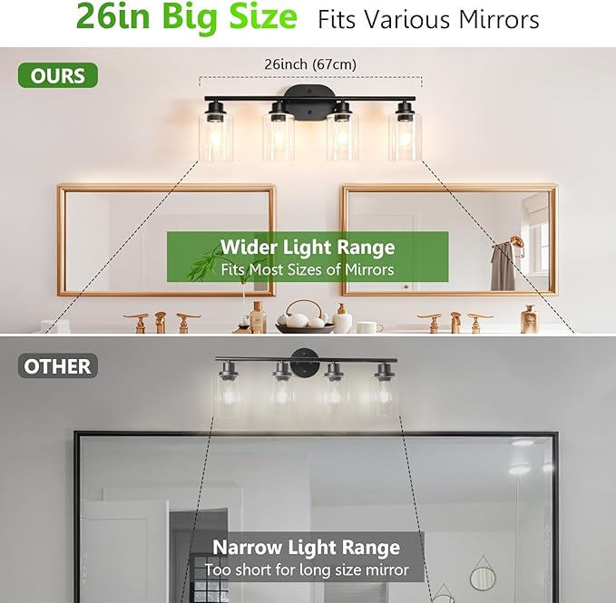 Ascher 4-Light Bathroom Light Fixtures, Modern Vanity Lights with Clear Glass Shade, Matte Black Wall Lamp for Bathroom Mirror Hallway Cabinet Porch