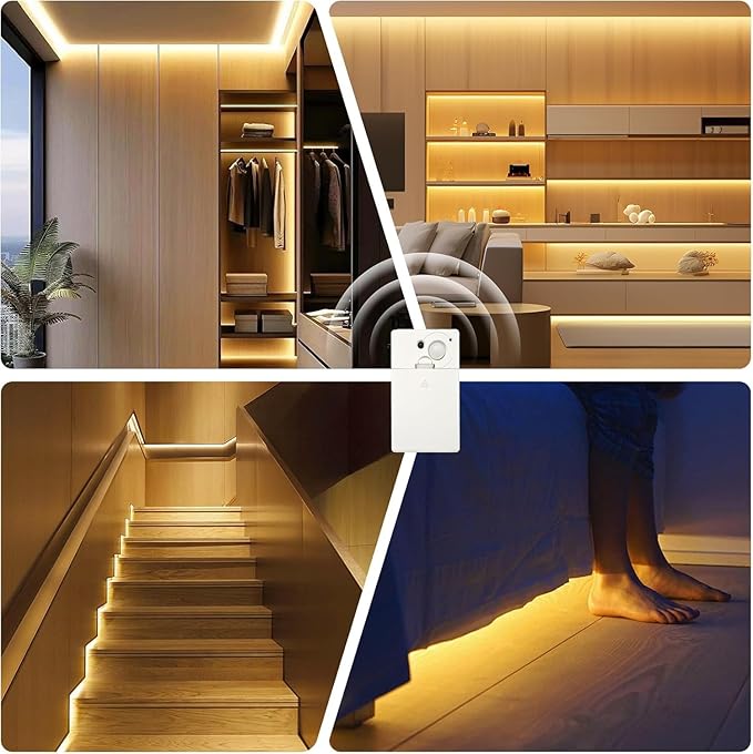 EJ's SUPER CAR Battery Operated Motion Sensor Cabinet Strip Lights, 3 Pack 4.92FT 3000K Counter Closet Strip Light, Motion & Night Sensor Safe Tape Light for Stairs Wardrobe Kitchen (Warm White)