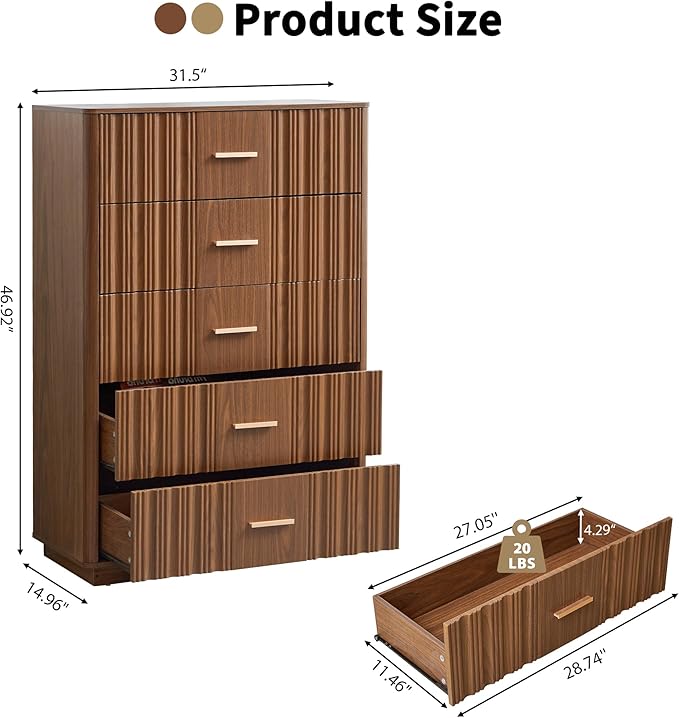 Fluted 5 Drawers Dresser for Bedroom, Wooden Tall Storage Dresser, Modern Chest of Drawers with Metal Handle, Curved Profile Wood Closet Clothes Storage Organizer for Living Room, Hallway, Walnut
