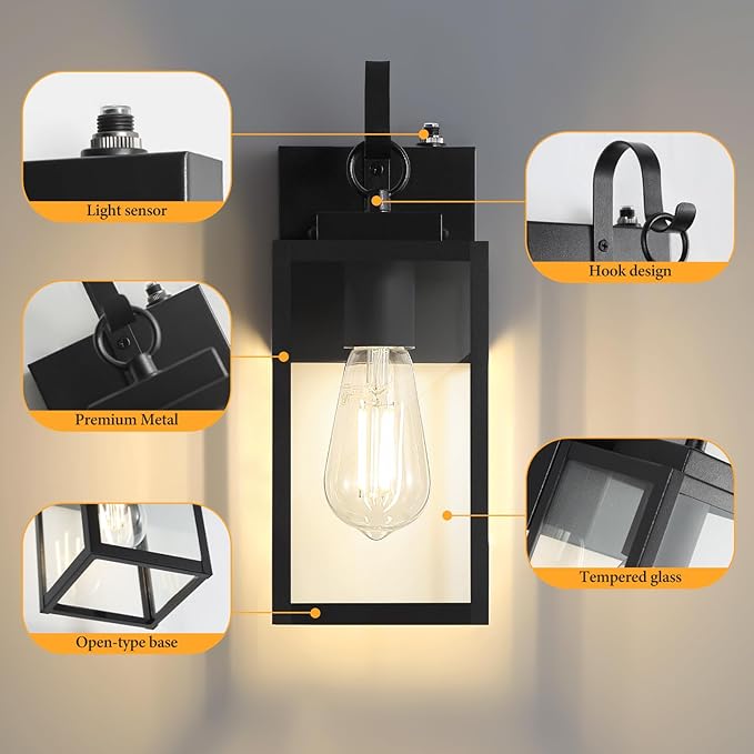 11.8-inch Dusk to Dawn Outdoor Wall Lights, Black Exterior Light Fixture with Clear Tempered Glass, IP65 Waterproof All-Metal Sconce for Porch, Front Door, Garage