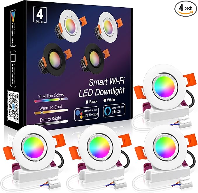 LEDLightsWorld Smart Recessed Lighting 2 Inch RGBCW Color Changing Downlight, 110V 5W, CRI 80, Wi-Fi LED Recessed Ceiling Light with Driver, Compatible with Alexa/Google Assistant, 4 Pack