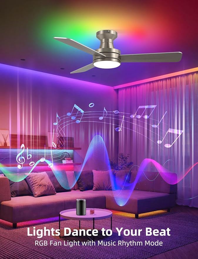 42 inch RGB Ceiling Fan with Light, Smart App & Remote Control Low Profile Flush Mount, Music Sync Lighting, 6-Speed Quiet Reversible DC Motor, 4CCT Dimmable for Home Office Party