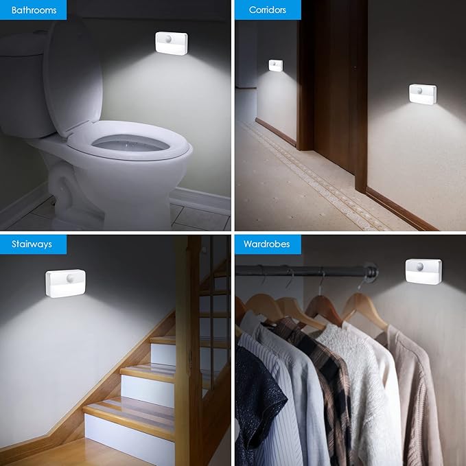 AMIR 6 Pack Mini Motion Sensor Stair Light for Indoor, Battery-Powered LED Night Light, 40 Lumen 6500K, Cordless Closet Lights, Safe Lights for Stairs, Hallway, Bathroom, Kitchen, Cabinet