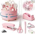 Pink Desk Organizers and Accessories Set with 360-Degree Rotating Pen Holder, Tape Dispenser, Stapler, Staple Remover, 1000 Staples, Tape, Clips Set, Ruler, Scissor, Pen