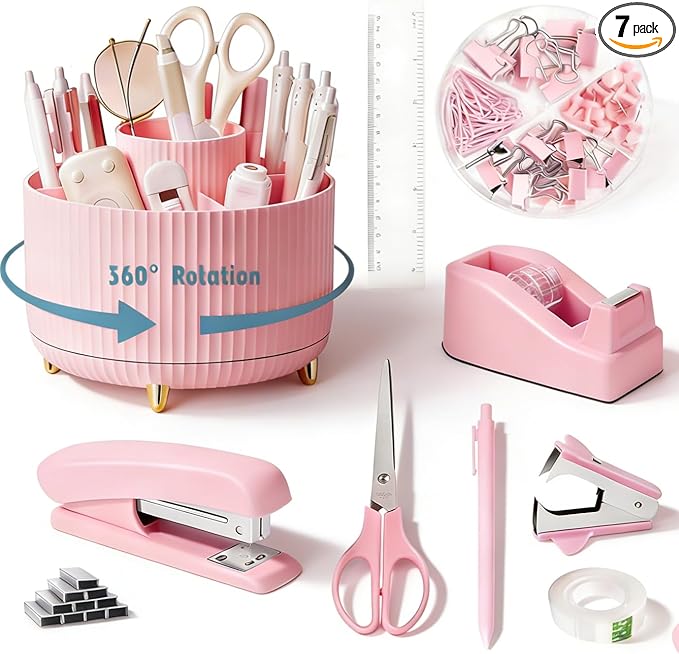 Pink Desk Organizers and Accessories Set with 360-Degree Rotating Pen Holder, Tape Dispenser, Stapler, Staple Remover, 1000 Staples, Tape, Clips Set, Ruler, Scissor, Pen