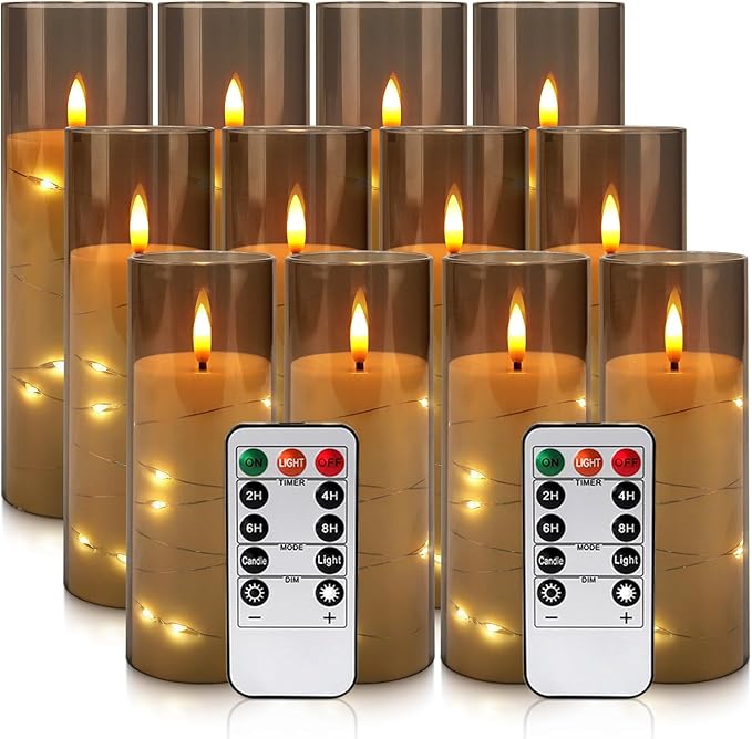 12-Pack Gray Acrylic Flameless LED Candles with Embedded String Lights - Remote Control for Holiday & Home Decor,Weeding.