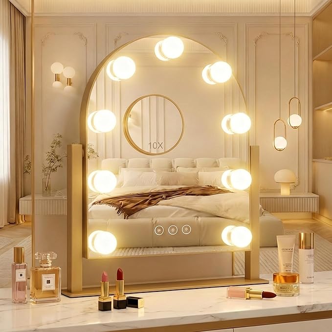 Arched Makeup Vanity Mirror with Lights 14.17"x 11.81" LED Makeup Mirror Detachable 10X Magnification, Hollywood Make Up Mirror with Lighting, Smart Touch, Rechargeable,360° Rotation, (Gold)
