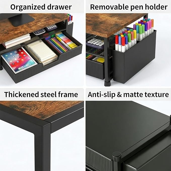 Desk Organizer and Accessories, 2-Tier Computer Monitor Stand Rise with Storage Drawer & 2 Pen Holders, Laptop & Printer Stand for Desktop, Workspace Organizers for Office Supplies (Brown)
