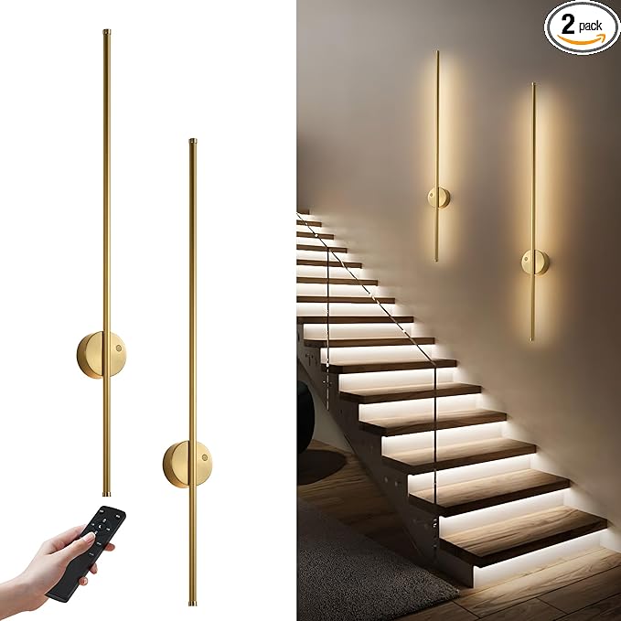 Motion Sensor Battery Operated Wall Sconce Set of Two - Modern Rechargeable Wireless Wall Lights with Remote Control, Dimmable, 3000K/4000K/6000K, Timer for Living Room, Hallway, Brass, 39.3 Inch