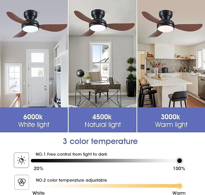 36 Inch Ceiling Fans with Lights, Small Flush Mount Ceiling Fan, Remote/APP Control, 3 Reversible Curved Blades, 6 Speeds, 3 CCT Dimmable Lights for Bedroom Kids Room, Brown