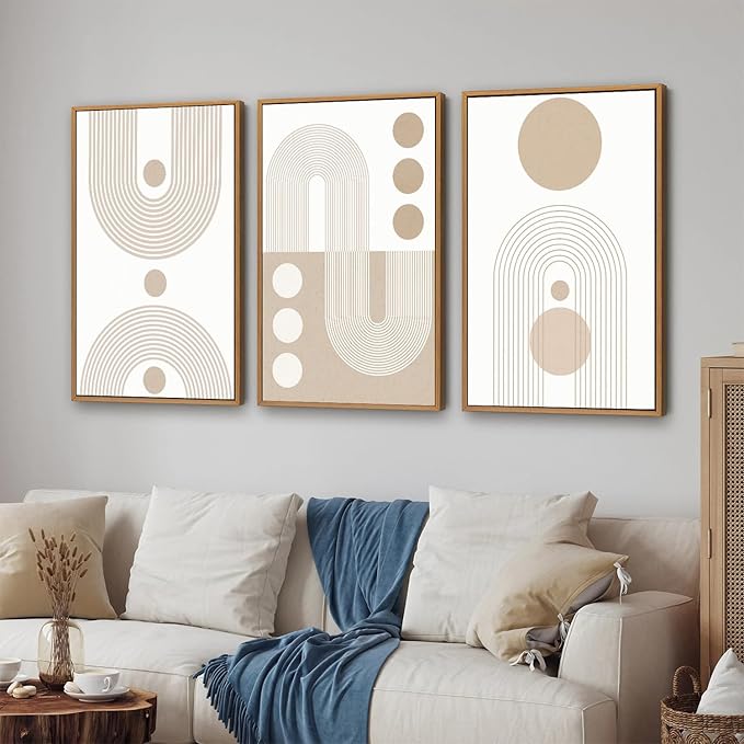 YeeHomedec Boho Beige Framed Canvas Wall Art, Mid Century Modern Wall Decor, Bohemian Abstract Minimalist Artwork, Neutral Geometric Line Art Painting for Living Room Bedroom Office 24"x36"x3