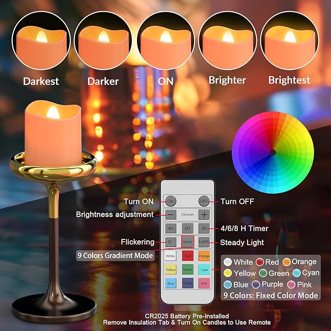 PChero Rechargeable Flameless Candles with Remote Timer & Charging Base, 12 Pack 9 Color Changing Tea Lights Battery Operated, LED Votive Candles for Halloween Pumpkin Christmas Party Home Decor