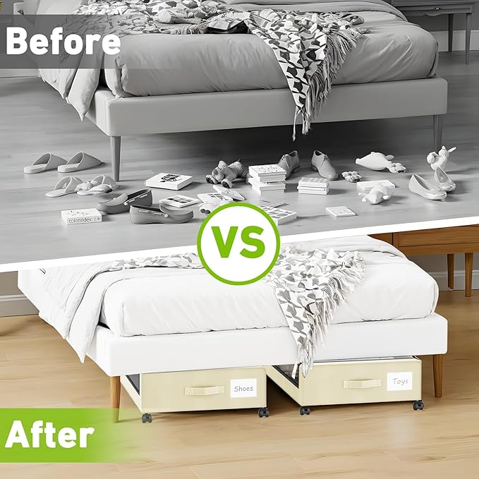 Under Bed Storage with Wheels, 2-Pack Underbed Storage Containers with Clear Lids, Under Bed Shoe Storage Organizer, Rolling Under Bed Storage for Clothes Shoes Blankets (Beige)
