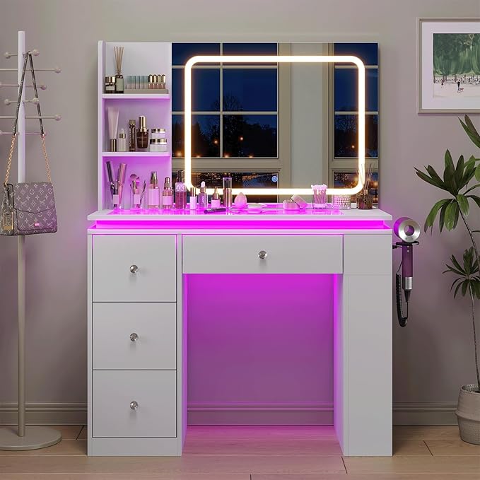 Vanity Desk with Mirror and Lights,Transparent Top Vanitys with 2 RGB Drawers, A Variety of Lighting Modes Brightness Adjustable,Power Outlet, Side-Mounted Large-Capacity Storage, White