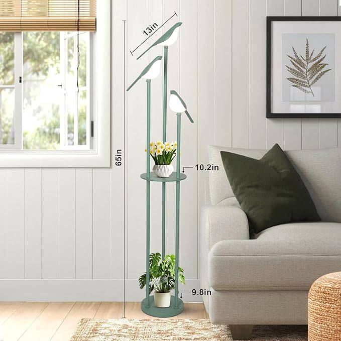 Bird Floor Lamp for Bedroom, Green Standing Lamps for Living Room, Corner Tall Lamp with Table, 3-Lights Vintage Floor Lamp, Modern Stand Up Lamp for Office, Girls Room, Unique Bird Lamps