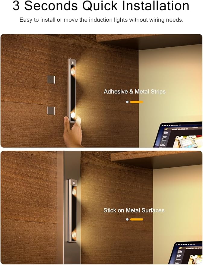 Under Cabinet Lights, Wireless Motion Sensor Light Indoor, Black 10in LED warm Lighting Rechargeable Battery Operated,4 Modes Night Light, Stick-On Magnetic Closet Lights for Kitchen, Hallway(2 Pack)
