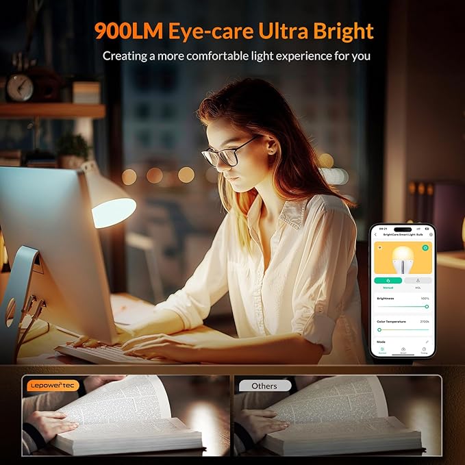 LEPOWER-TEC Smart Light Bulbs, Smart Bulb Compatible with Alexa/Google Assistant Only, Dimmable LED Light Bulbs BT/2.4G WiFi Bulbs, 900LM, A19 E26 (Dimmable Soft White, 4 Pack)