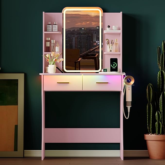 Vanity Desk with LED Lights Mirror & Power Outlet, Small Makeup Vanity Table Set with Storage Drawers, 3 Lighting Modes & Adjustable Brightness, Dressing Table for Women Girls Bedroom, Pink(NO Stool)