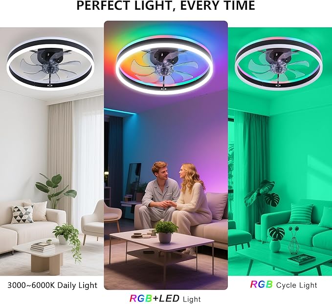 STERREN RGB Ceiling Fans with Lights, 15.7'' Modern Low Profile Ceiling Fan, Dimmable Flush Mount Ceiling Fan with Remote/APP Control, Small Fandelier for Bedroom, Living Room, Kitchen