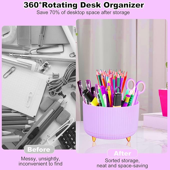 Purple Desk Organizers and Accessories Set with 360-Degree Rotating Pen Holder, Tape Dispenser, Stapler, Staple Remover, 1000 Staples, Tape, Clips Set, Ruler, Scissor, Pen