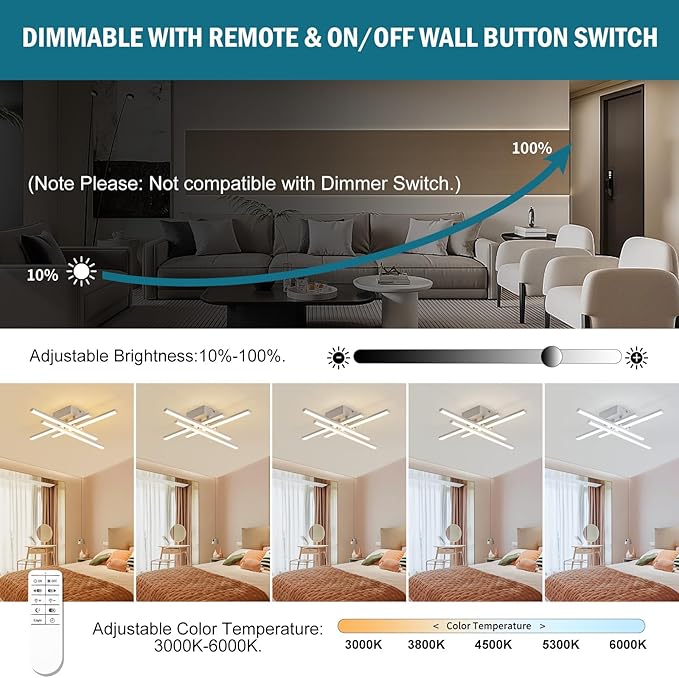 Modern Flush Mount LED Ceiling Light Fixture, Dimmable 24inch Ceiling Lights for Bedroom Living Room Kitchen, 4-Light White Ceiling Lamp LED Small Chandelier Ceiling Light with Remote, 2000lm