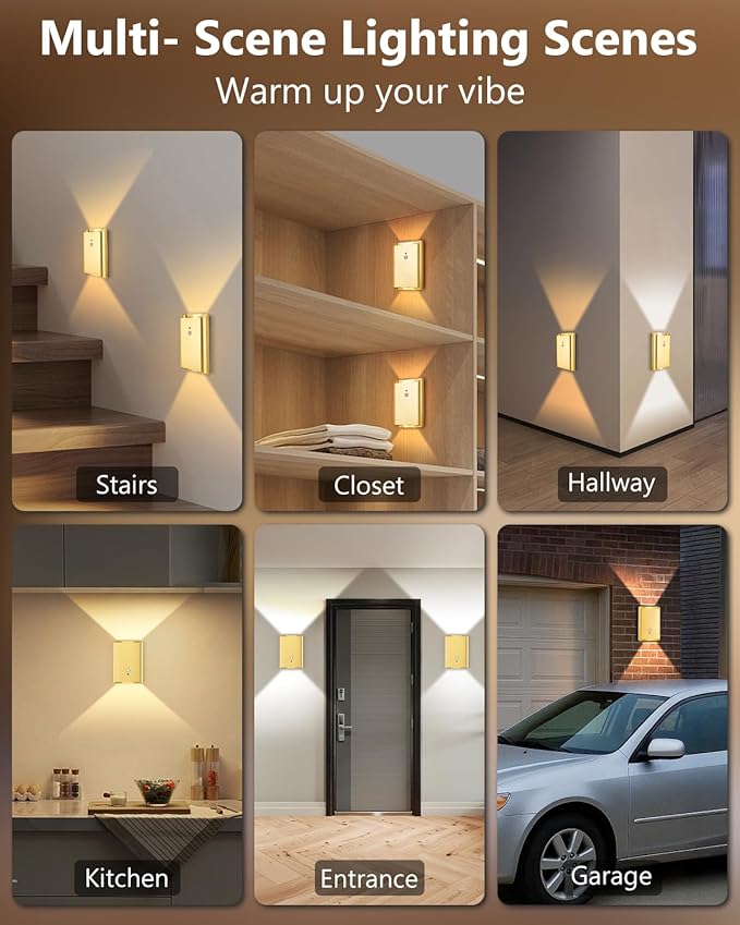 Rechargeable Motion Sensor Wall Sconce Set of 2 – 5000mAh Wireless Battery Operated Wall Light Indoor,3 Colors Up/Down Lighting Magnetic Night Light with Remote Control for Bedroom,Hallway (Gold)