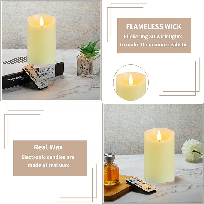 Flameless Candles, Battery Operated Candles with Remote and Timer, 3" x 6", Set of 2, LED Candle Flickering Electric Pillar Candle, Ivory Real Wax for Home Wedding Birthday Decoration
