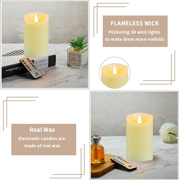 Flameless Candles with Rechargeable Battery, 3" x 4", Set of 2, Electronic Candles with Remote and Timer, led Pillar Candles Real Wax 3D Wick, led Ivory Candles for Home, Wedding, Birthday