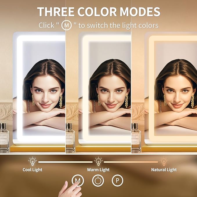 ROLOVE Vanity Mirror with Lights, Lighted Vanity Mirror with Dimmable 3 Modes, LED Makeup Mirror, Touch Screen Control, for Makeup Desk, Dressing Room, Gold, 23x19 Inch