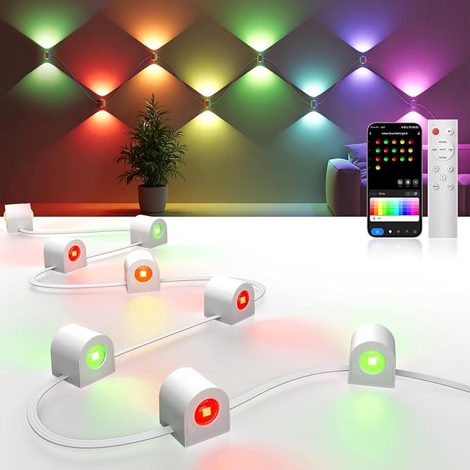 8-Light RGBCW Wall Sconce Light, Up/Down Bedroom Wall Lights, Music Sync, DIY-Styling Color-Changing Wall Lamps for Living Room Party Home Decor, Works with Alexa/Google Assistant, 23.3ft