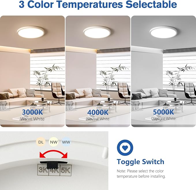6 Pack 12 Inch Slim Dimmable LED Flush Mount Ceiling Light Fixtures, 24W 2640LM 3000K/4000K/5000K, House Upgrade Led Lights for Bedroom Hallway Laundry Room Rental Units, 240W Equiv., White