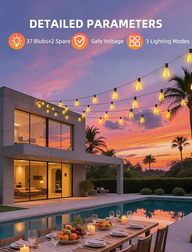 Outdoor Patio String Lights 100ft: ST38 LED Shatterproof Bulbs 3 Modes Button Control - Waterproof Connectable Lights - Wedding Bistro Party Gazebo Backyard Decorative