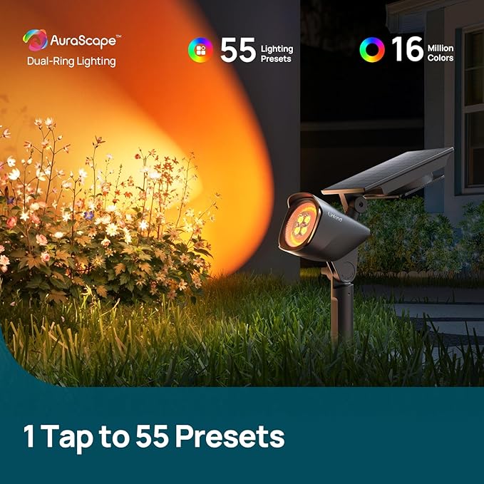 Linkind Smart Solar Lights Outdoor Waterproof SL6C, Dual-Ring Solar & USB Charging Solar Spotlights Outdoor Waterproof IP66, Color Changing Spot Light for Yard, Tree, Landscape, House, 1 Pack
