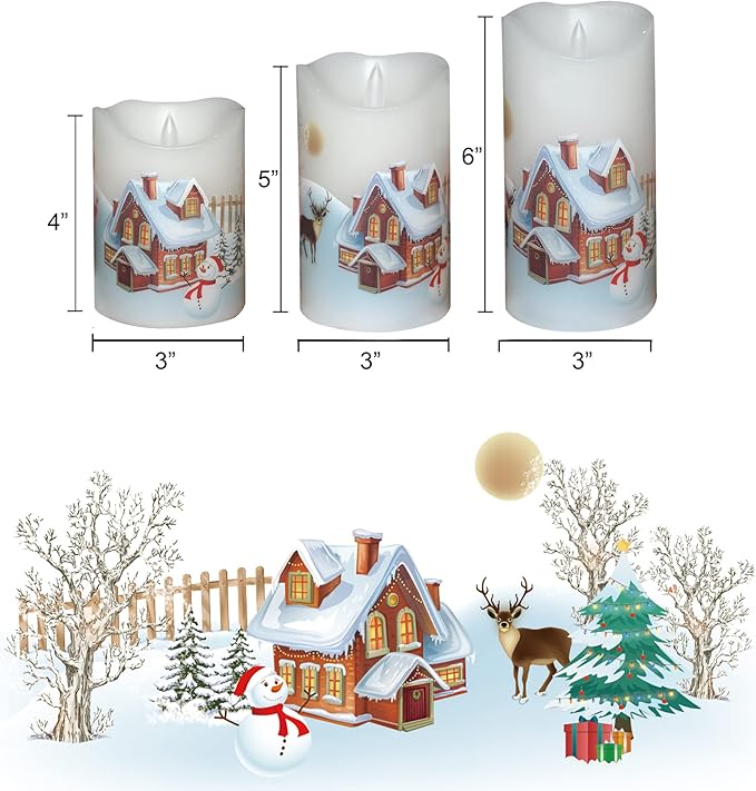 CANDLE CHOICE Christmas Flameless Candles with Remote Timer Real Wax Realistic Flickering Battery Operated Electric LED Pillars with Decals Reindeer Snowman Xmas Tree for Holiday Decorations 3 Pack