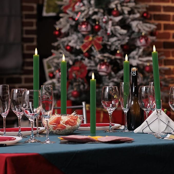 Green Flameless Taper Candles 9.6" Christmas LED Candles Real Wax with Remote Timer, Battery Operated LED Candles Set with 3D Flickering Flame, Classic Flickering Candlesticks for Home, Party, 3 Pack