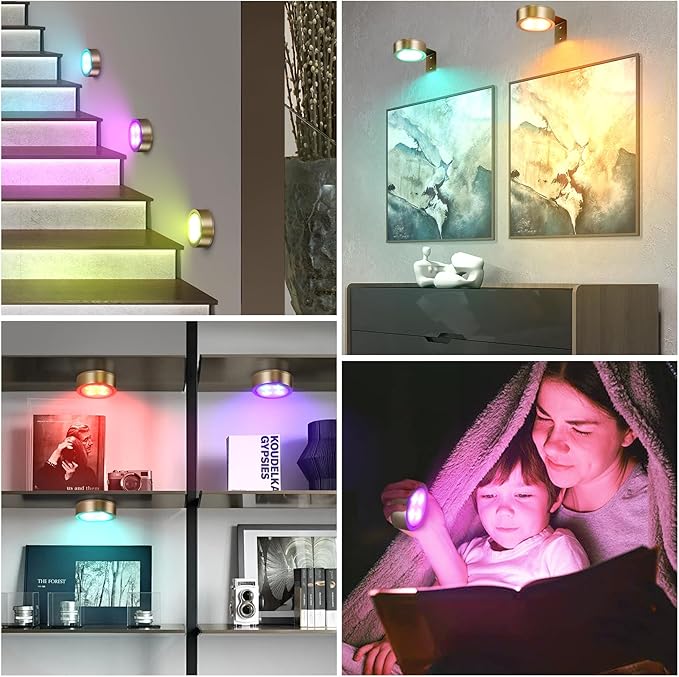 4-Pack Picture Light Battery Operated Painting Lights, 13 Color RGB Magnetic LED Display Art Light with Remote, Dimmable and Timer Portrait Light for Art Frame Artworking, Wall Decor Puck Light, Gold