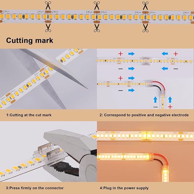 24V LED Strip Light Kit 32.8ft, 3000K Warm White Cuttable Flexible LED Tape Lights, SMD 2835 150W with Power Supply for Bedroom, Commercial, Kitchen, Living Room Ceiling
