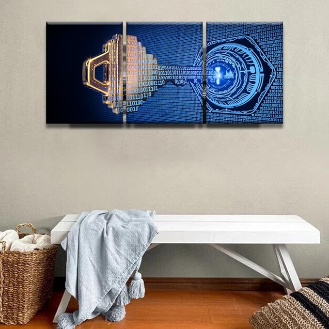3 Panel Framed Wall Art A Key Formed from Binary Code Goes Into an Abstract Lock Picture Print on Canvas Posters for Bedroom Living Room Dorm Wall Decorations, 12x16inchx3