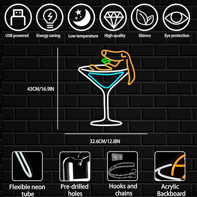 Dachshund Neon Sign for Wall Decor, Dog Martini Bar Neon Light, USB Powered Dachshund Martini LED Light up Sign for Bedroom, Bar,Man Cave,Home, Party
