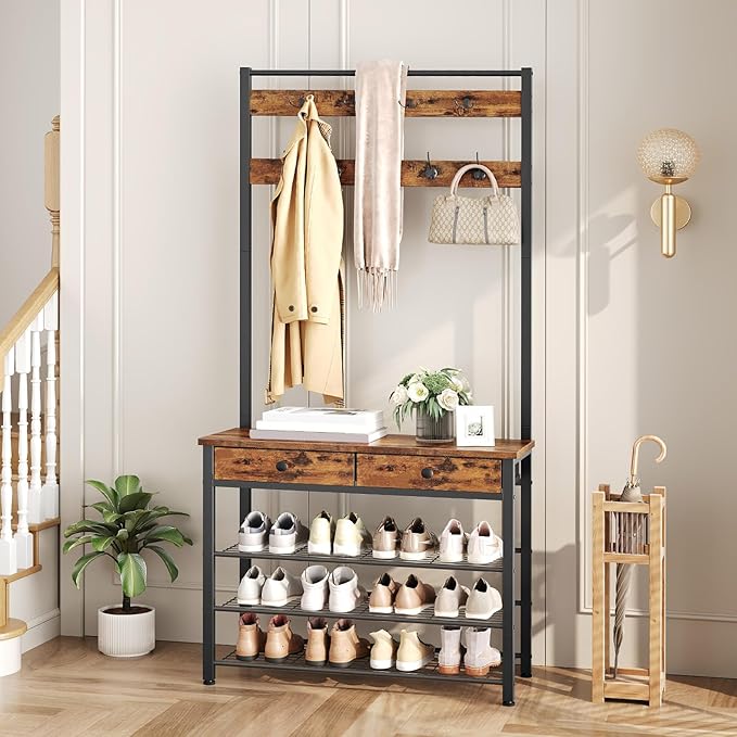 HOOBRO Hall Tree, Entryway Coat and Shoe Rack, 2 Fabric Drawers, Hall Tree with Bench, Shoe and Coat Rack, Coat Rack with Shoe Storage, 4 Tier Shoe Organizer, 9 Hooks, Rustic Brown and Black BF81MT01
