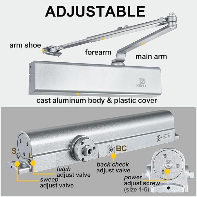 Grade 1 Commercial Door Closer, Heavy Duty Hydraulic Automatic Closer, Cast Aluminum, Self-Closing, Adjustable Size 1-6, UL Listed, ADA Compliant, 3 Mount Types, DC-7