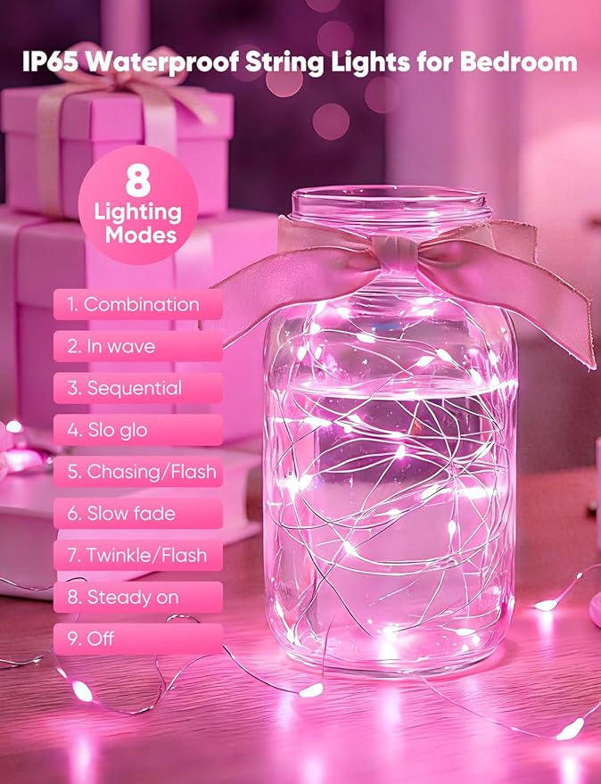 Minetom 12 Pack Pink Christmas Lights, 7ft 20 LED Fairy Lights Battery Operated, Valentines Day Decorations, 8 Modes Waterproof Silver Wire Twinkle Lights, Valentine's Day Lights