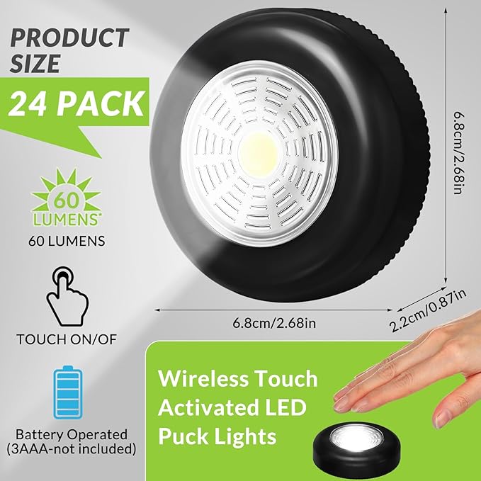 Macarrie 24 Pack Push Tap LED Puck Lights, 2.68" Mini Wireless Touch Night Light, 60 Lumens Battery Operated Stick on Lights for Under Cabinet, Kitchen Counter, Closet & Wall(Black)
