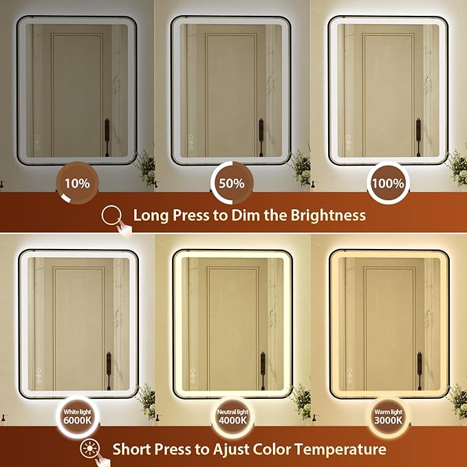 32x40 Inch LED Bathroom Mirror with Black Frame,Front and Backlit Vanity Mirror,Tempered Glass,Stepless Dimmable Wall Mirrors with Anti-Fog, 3 Colors, Memory, Waterproof, LED Smart Bathroom Mirror