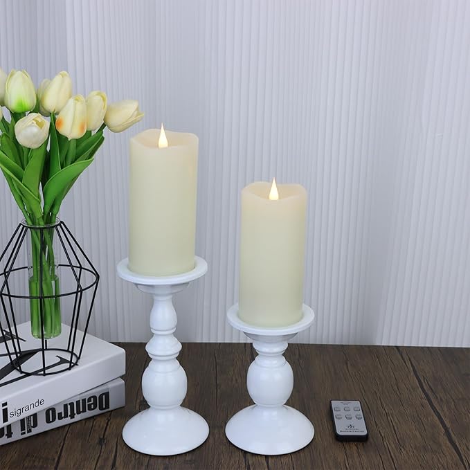 Flameless Candles with Remote Timer, 3D Moving Flickering Flame Battery Operated Candles Lasting 1000+ Hours, 6" x 3" Ivory Real Wax Electric LED Pillar Candles, Set of 2