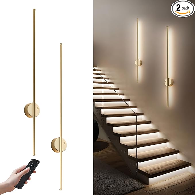 Motion Sensor Battery Operated Wall Sconce Set of Two - Modern Rechargeable Wireless Wall Lights with Remote Control, Dimmable, 3000K/4000K/6000K, Timer for Living Room, Hallway, Gold, 39.3 Inch