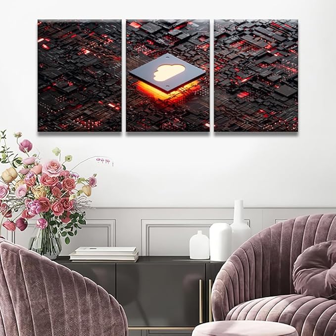 Modern Wall Art 3 Panel Wall Art CPU Cloud Computing Pictures Print On Canvas Wall Decor for Living Room, Wooden Framed Gallery-Wrapped Ready to Hang 12x16inchx3